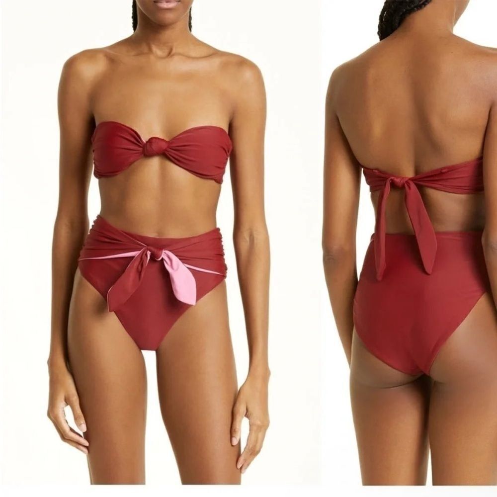 Veronica Beard Gilly Knotted Strapless Bikini Top Deep Brick L $178